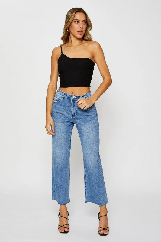 Blue Crop Denim Jeans High Rise Trendy Cut-Off Denim Shorts