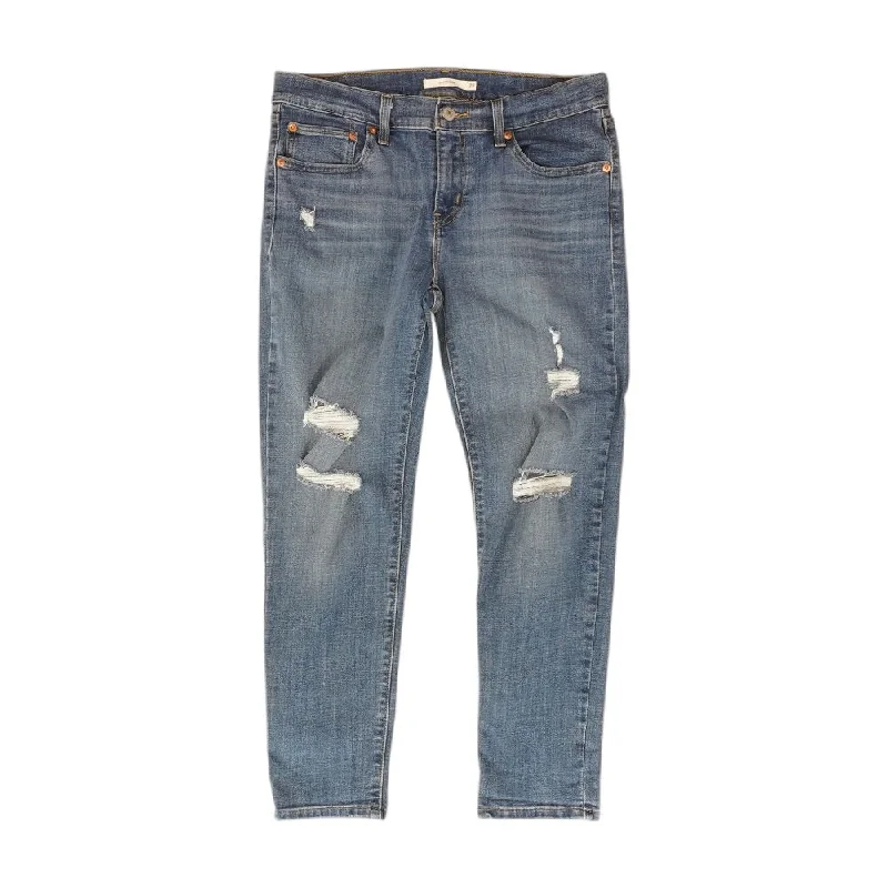 Blue Solid Boyfriend Regular Jeans Elegant Tapered Leg Denim