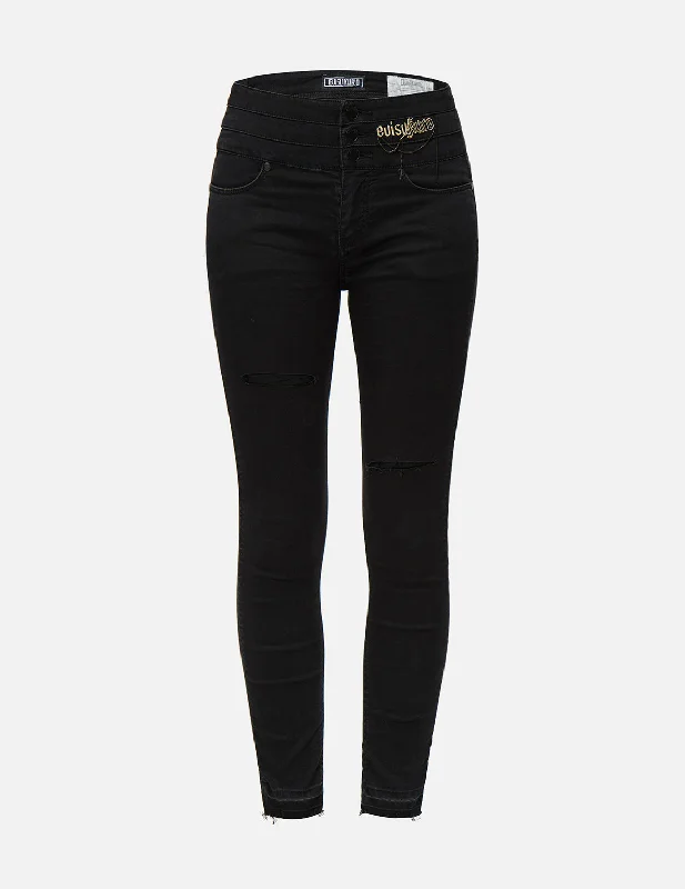 Chain and Logo Embroidered Skinny Jeans Stylish Bootcut Denim Jeans