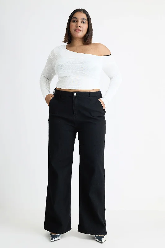 Curve Black Wide Leg Jeans Fashionable Raw Hem Bootcut Jeans