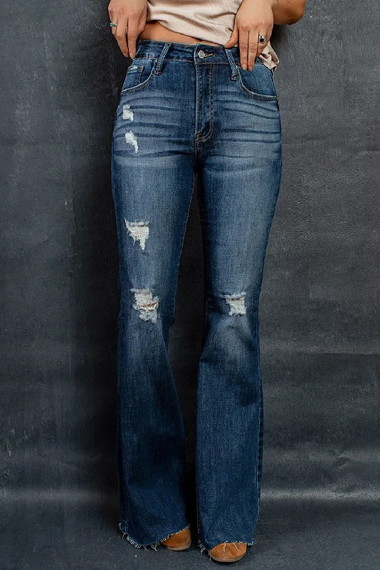 Dark Wash Mid Rise Flare Jeans Stylish High-Rise Mom Jeans