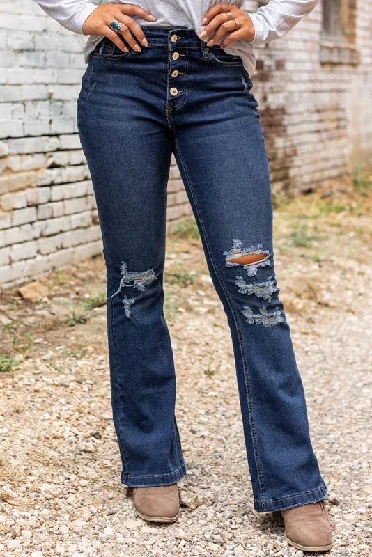 Dark Washed Distressed Flare Bottom Jeans Trendy Skinny Fit Jeans