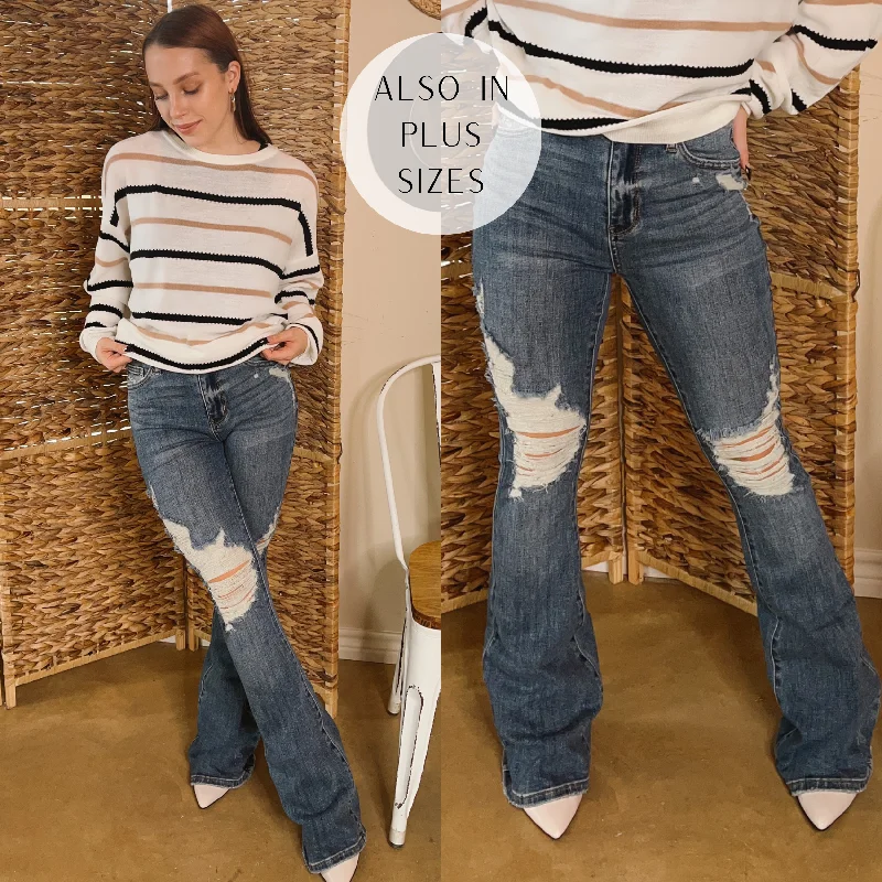 Last Chance Size 1 | Judy Blue | Think Of Me Destroy Knee Flare Jeans in Medium Wash Fashionable Mom Jeans Last Chance Size 1 | Judy Blue | Think Of Me Destroy Knee Flare Jeans in Medium Wash Fashionable Mom Jeans