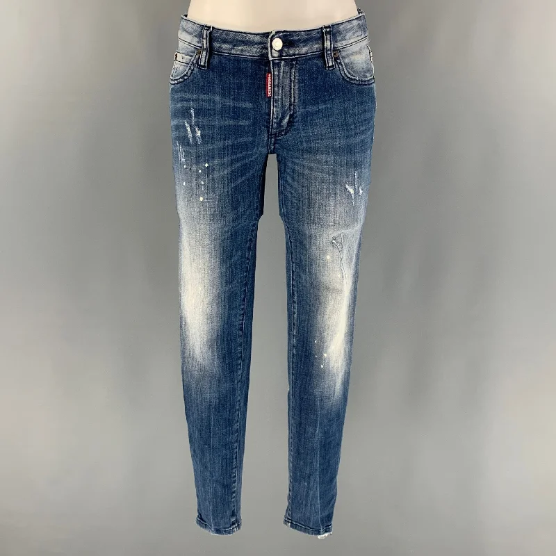 DSQUARED2 Size 6 Blue White Cotton Elastane Paint Splattered Narrow leg Jeans Stylish High-Waist Skinny Denim DSQUARED2 Size 6 Blue White Cotton Elastane Paint Splattered Narrow leg Jeans Stylish High-Waist Skinny Denim