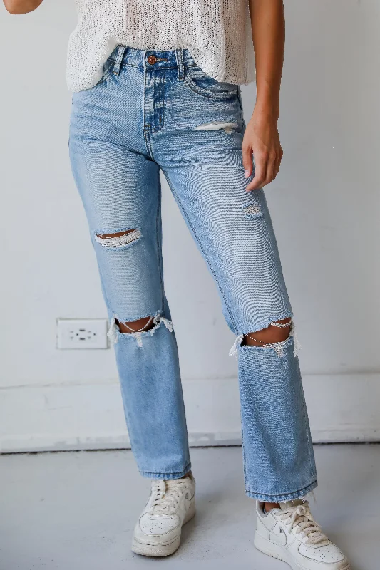 Eliza Medium Wash High-Rise Straight Leg Distressed Jeans Trendy Wide-Legged High-Waist Jeans