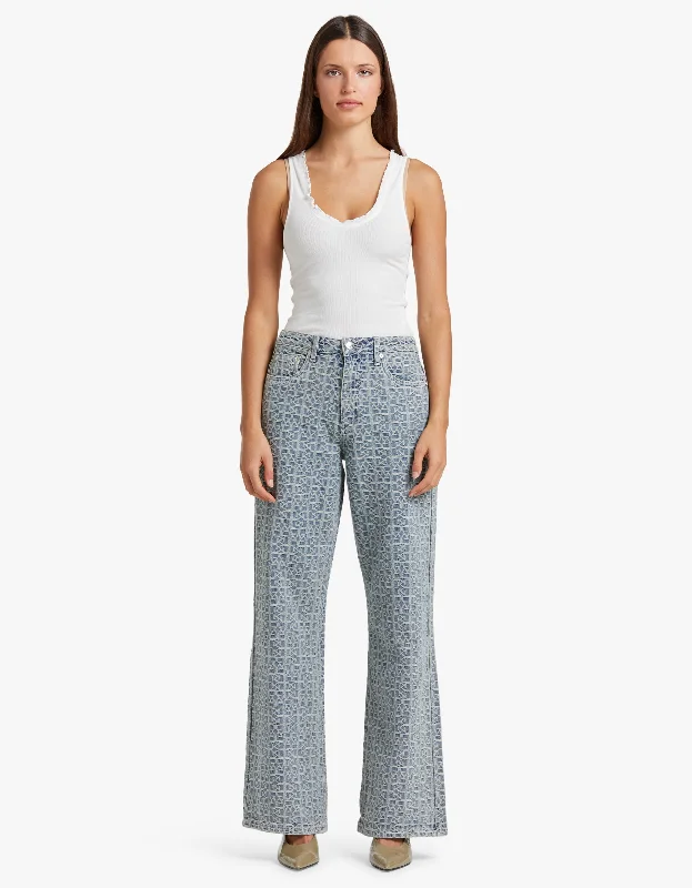 Nila Mid Waist Wide Jeans - Ice Blue Logo Comfortable Low-Rise Jeans