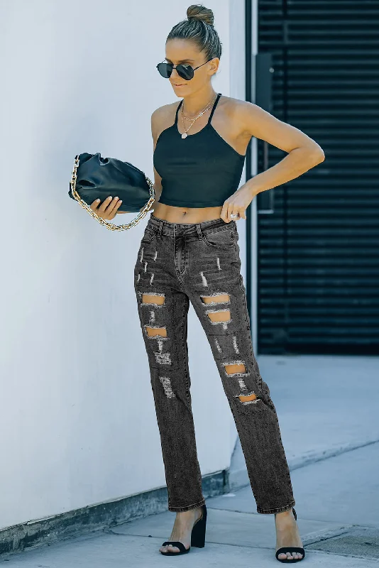 Mid-Rise Distressed Black Denim Jeans Trendy Wide-Legged High-Waist Jeans