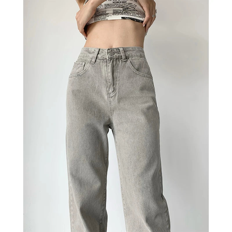 Grey Womens Jeans High Waist Vintage Straight Baggy Denim Pants Trendy Skinny Fit Jeans
