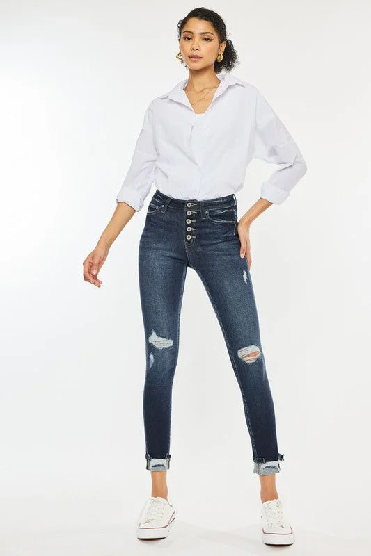 Kan Can High Rise Button Down Cuffed Ankle Skinny Jeans Trendy Plus Size Jeans