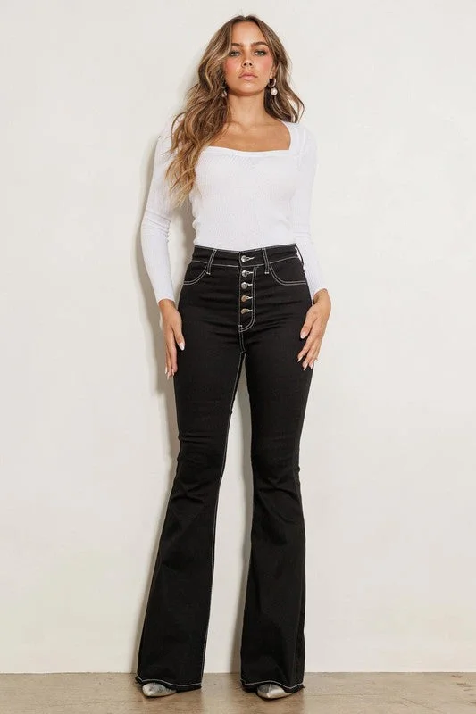 High Rise Flare Jeans Trendy Pleated Waist Jeans