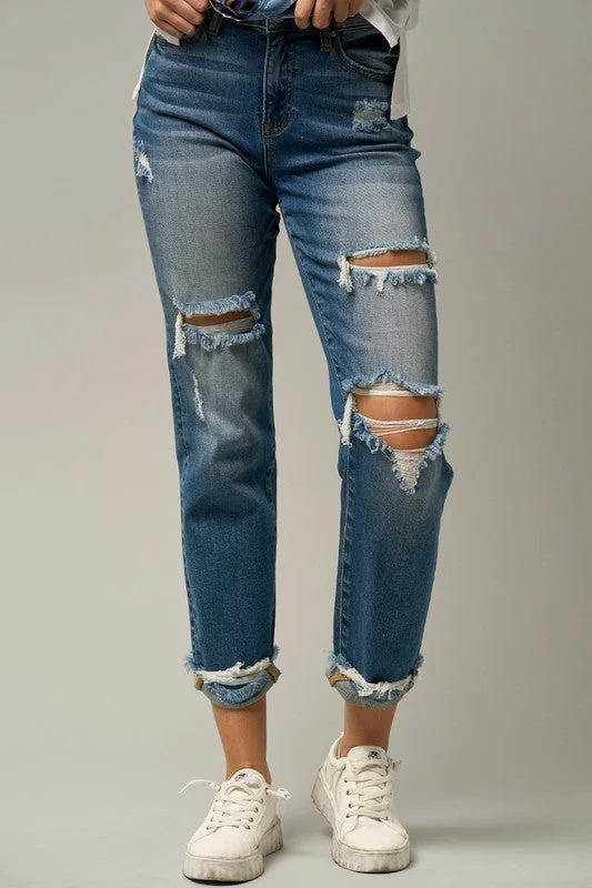 High Waist Ripped Boyfriend Jeans Chic Double Waistband Jeans