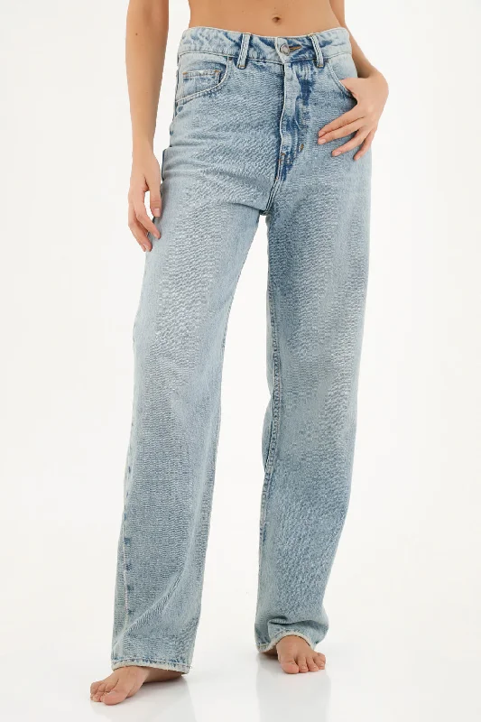 Women's Light Blue Straight Jeans Stylish Paperbag Waist Denim