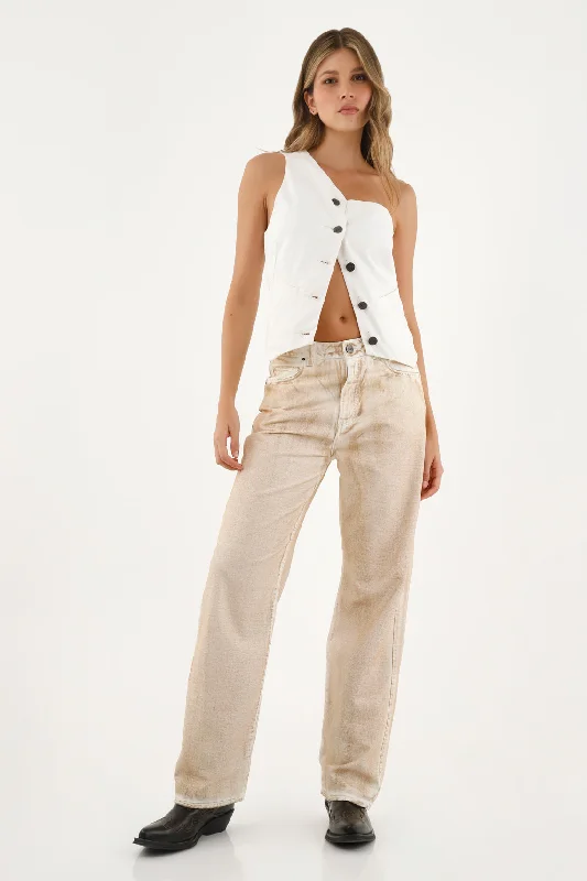 Women's Brown Irregular Pigment Jeans Stylish Tapered Fit Jeans