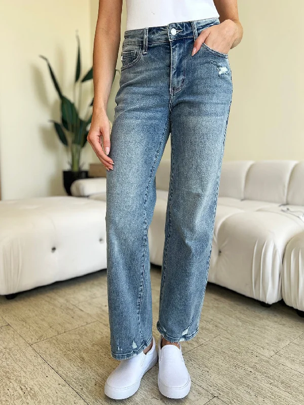 Judy Blue Full Size High Waist Distressed Straight Jeans Cozy Relaxed Fit Jeans