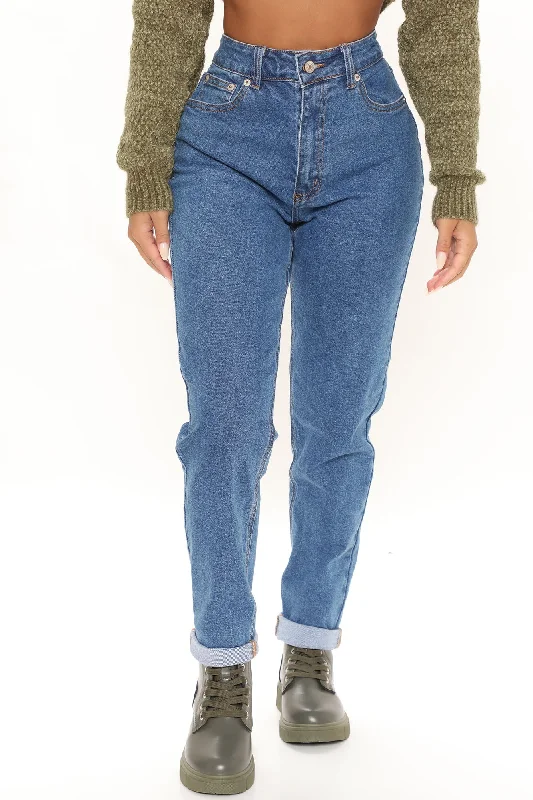 Listen Closely High Rise Stretch Mom Jeans - Dark Wash Casual Distressed Denim Jeans