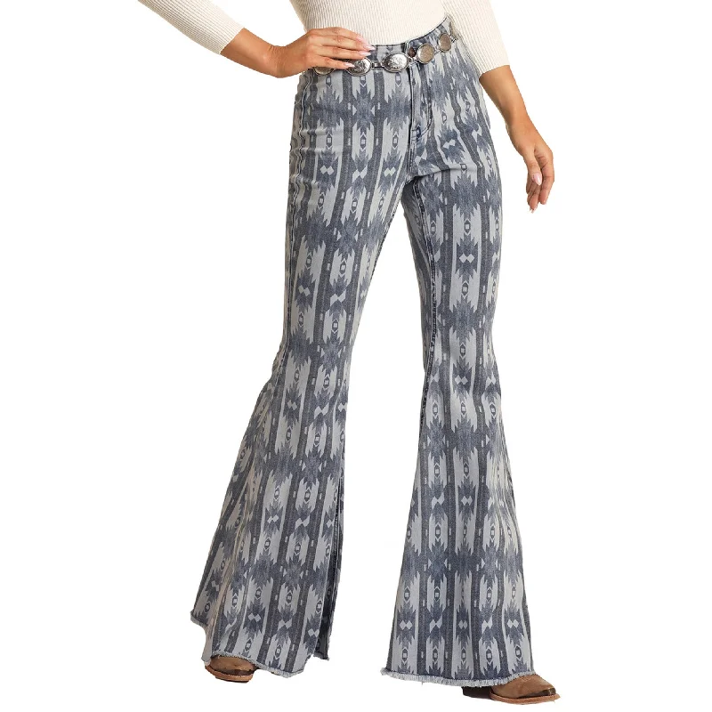 Rock & Roll Cowgirl Medium Wash Aztec Flare Jeans Trendy Vintage Denim Jeans