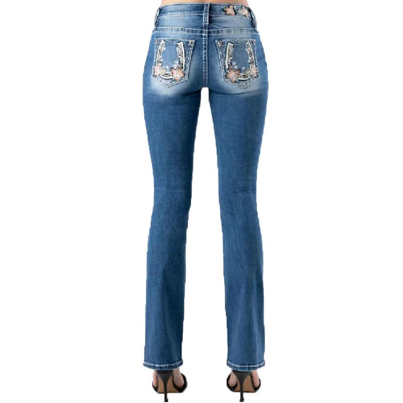 Miss Me Women's Floral Horseshoe Bootcut Jeans Stylish Relaxed Fit Skinny Jeans