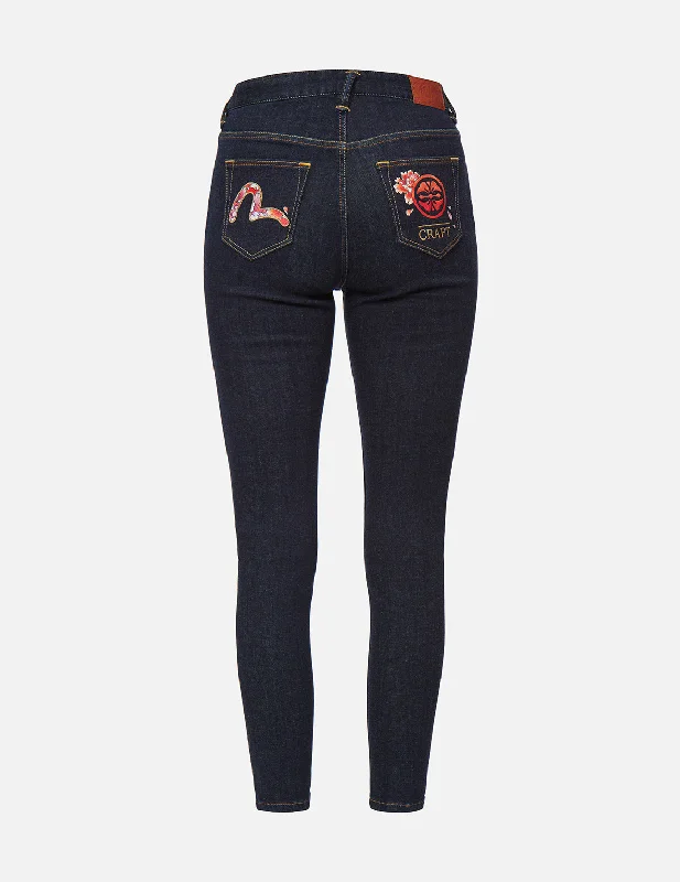 Peony-pattern Seagull and Kamon Embroidery Skinny Jeans Fashionable Frayed Hem Denim Peony-pattern Seagull and Kamon Embroidery Skinny Jeans Fashionable Frayed Hem Denim