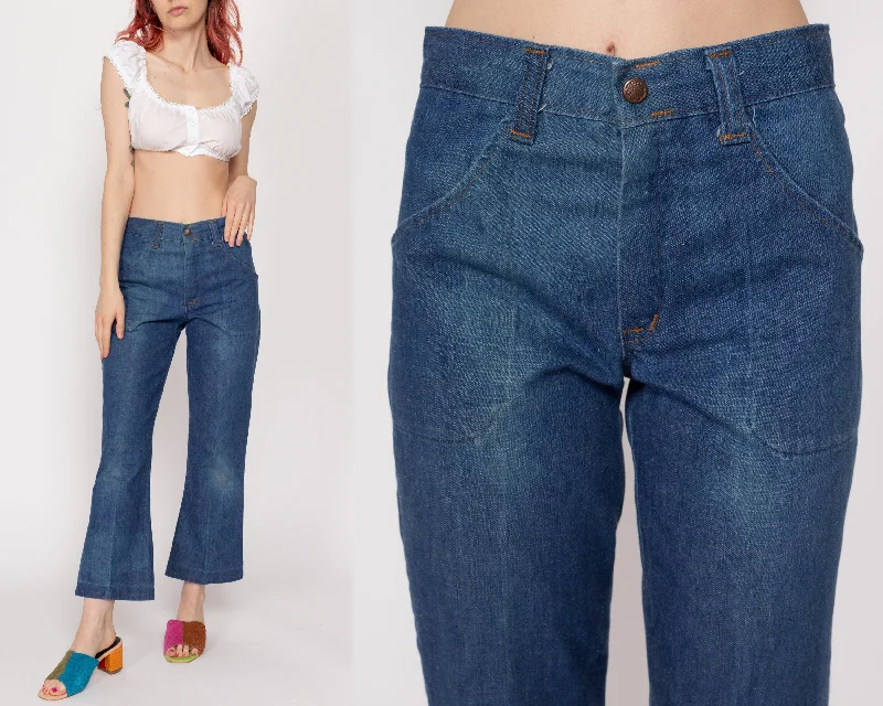 Petite Small 70s Boho Faded Dark Wash Jeans Trendy Pleated Waist Jeans