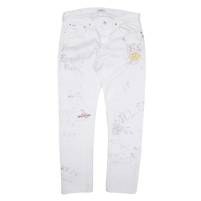 POLO RALPH LAUREN Graffitied Jeans White Denim Slim Straight Womens W32 L32 Stylish Relaxed Fit Skinny Jeans POLO RALPH LAUREN Graffitied Jeans White Denim Slim Straight Womens W32 L32 Stylish Relaxed Fit Skinny Jeans