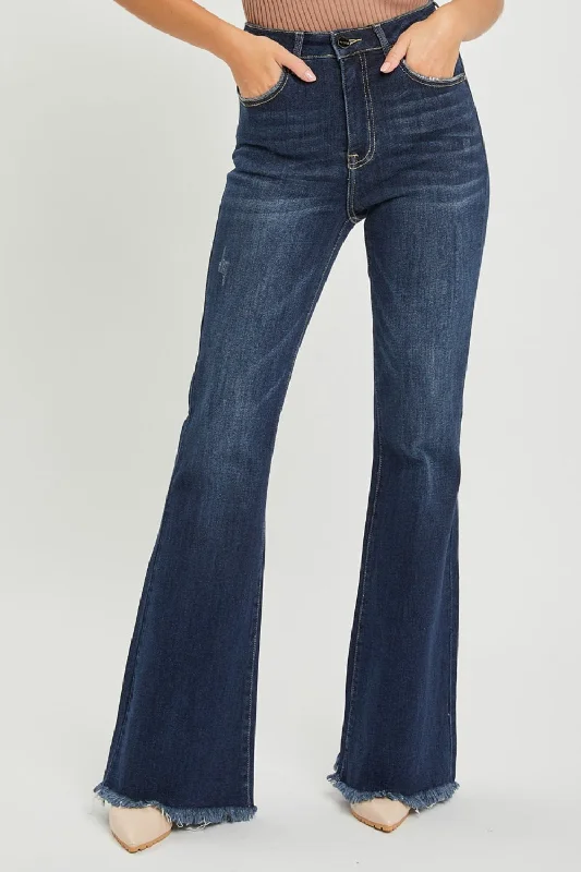 RISEN High Waist Raw Hem Flare Jeans Trendy Skinny High-Waist Jeans