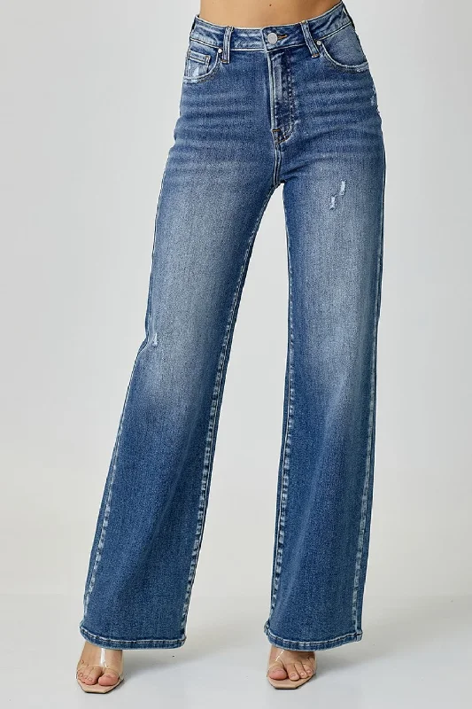 RISEN High Waist Wide Leg Jeans Fashionable Raw Hem Bootcut Jeans