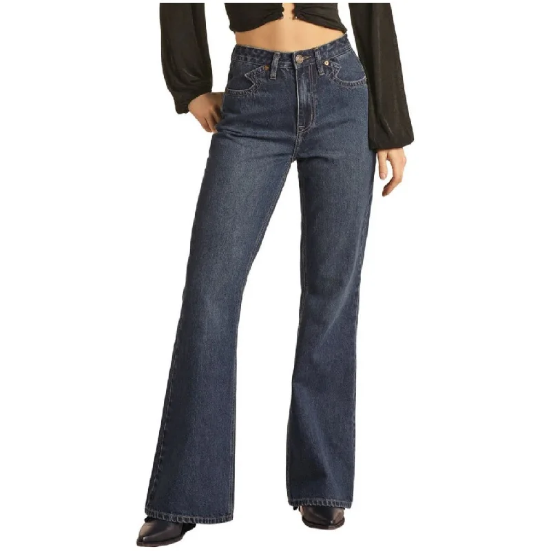 ROCK & ROLL WOMEN'S YOKE DETAIL HIGH RISE FLARE JEANS - MEDIUM WASH Chic Rolled Cuff Denim Jeans ROCK & ROLL WOMEN'S YOKE DETAIL HIGH RISE FLARE JEANS - MEDIUM WASH Chic Rolled Cuff Denim Jeans