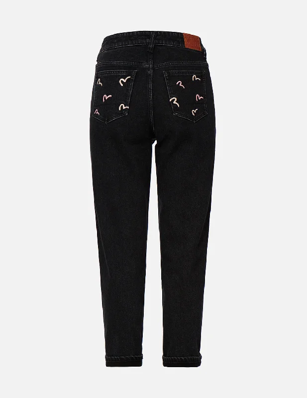 Seagull Embroidered Pockets Taper Fit Jeans Elegant Skinny Leg Jeans
