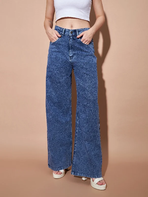 Women Blue High Waist Straight Jeans Chic Rip-Detail High-Waist Jeans