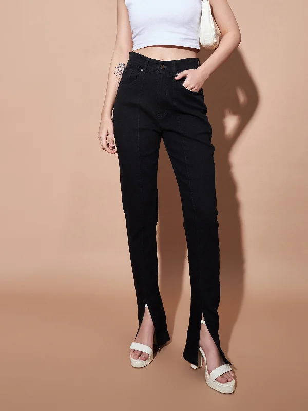 Women Black Mid Rise Skinny Fit Slit Jeans Fashionable Jeggings Style Jeans