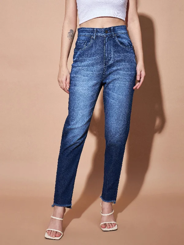Women Blue High Waisted Slim Fit Frayed Jeans Fashionable Slim Fit Jeans
