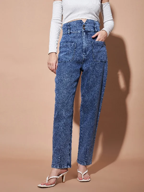 Women Blue High PaperBagWaist Baggy Jeans Fashionable Straight Cut Jeans