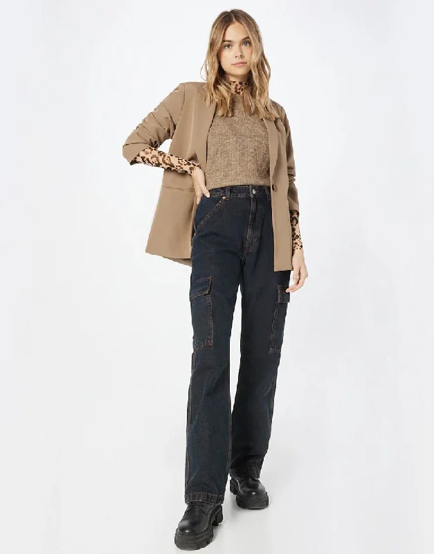 Straight Cargo Jeans Dark Blue Tint Cozy Relaxed Fit Jeans