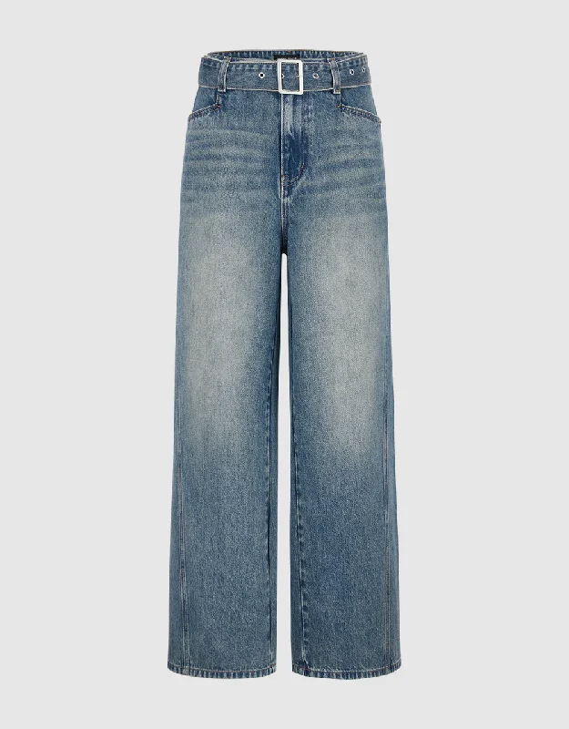 Straight Jeans With Belt Chic Rip-Detail High-Waist Jeans