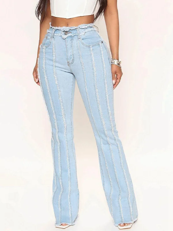 Striped Raw Hem Jeans Comfortable Boyfriend Jeans