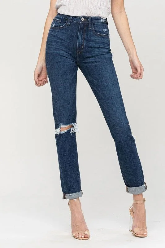 VERVET Distressed Roll Up Stretch Mom Jeans Stylish Tapered Fit Jeans