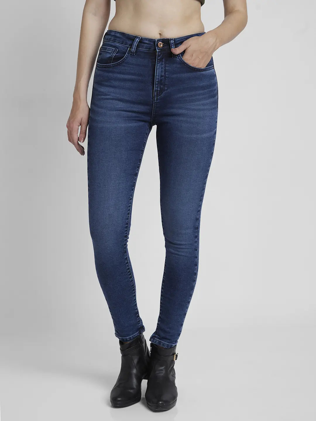Spykar Women Mid Blue Lycra Super Skinny Fit Ankle Length Clean Look Jeans -(Alexa) Stylish Paperbag Waist Denim