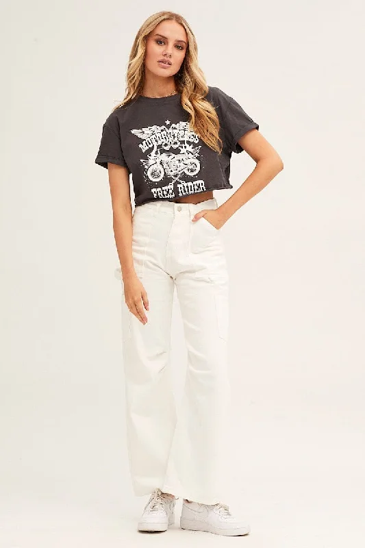 White Carpenter Jeans Cargo Pocket Trendy Skinny High-Waist Jeans