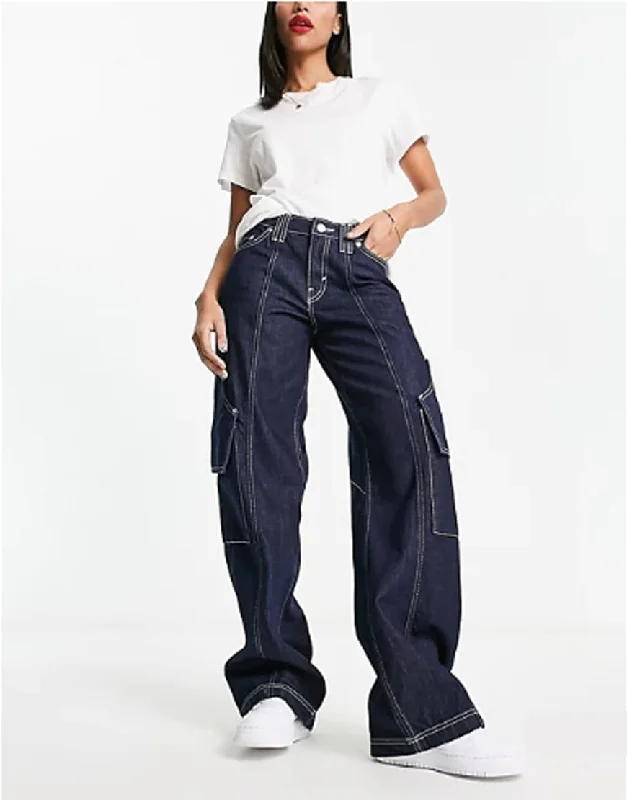 Wide Leg Cargo Jeans Dark Blue Trendy Colored Denim Jeans