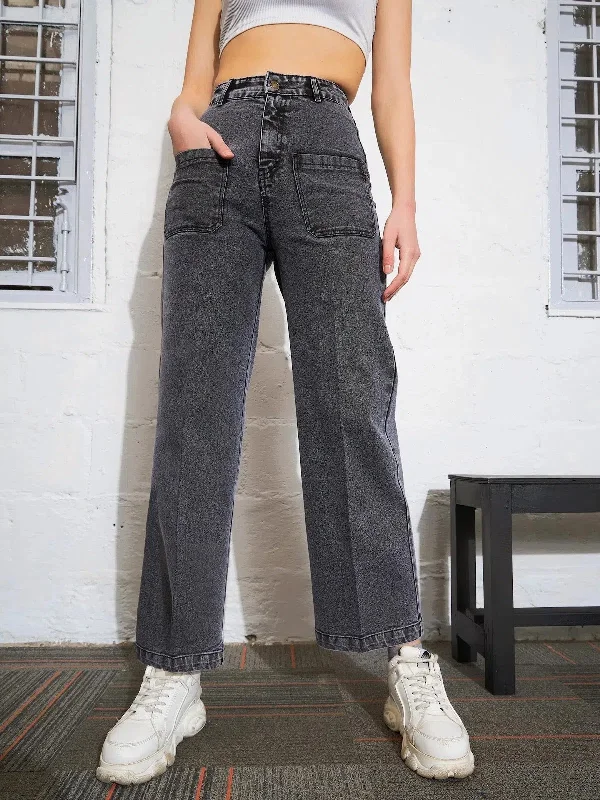 Women Black Washed Patch Pocket Straight Jeans Fashionable Raw Hemmed Jeans