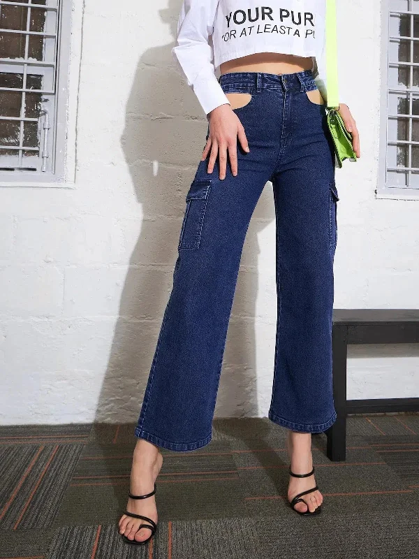 Women Blue Blast Waist Cut Out Cargo Jeans Elegant Skinny Leg Jeans