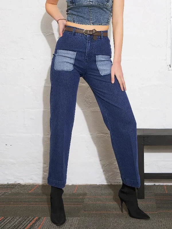 Women Blue Washed Contrast Patch Pocket Straight Jeans Cozy Tencel Blend Denim Jeans Women Blue Washed Contrast Patch Pocket Straight Jeans Cozy Tencel Blend Denim Jeans