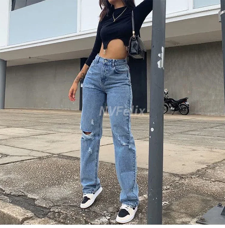 Women High Waist Ripped Jeans Cozy Relaxed Fit Jeans