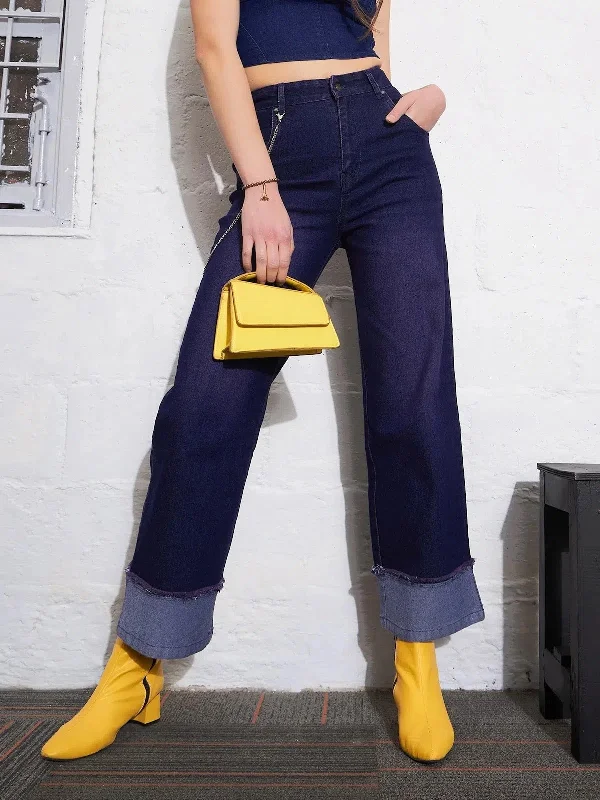 Women Navy Color Block Chain Detail Streetstyle Jeans Comfortable Stretch Fit Jeans