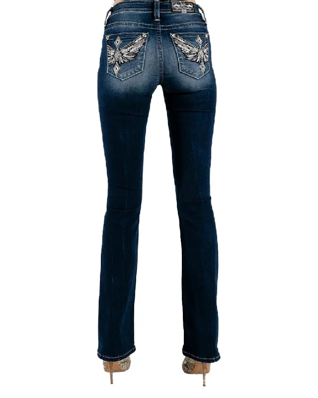 Women's Geometric Winged Cross Bootcut Jeans Elegant Raw Hem Jeans