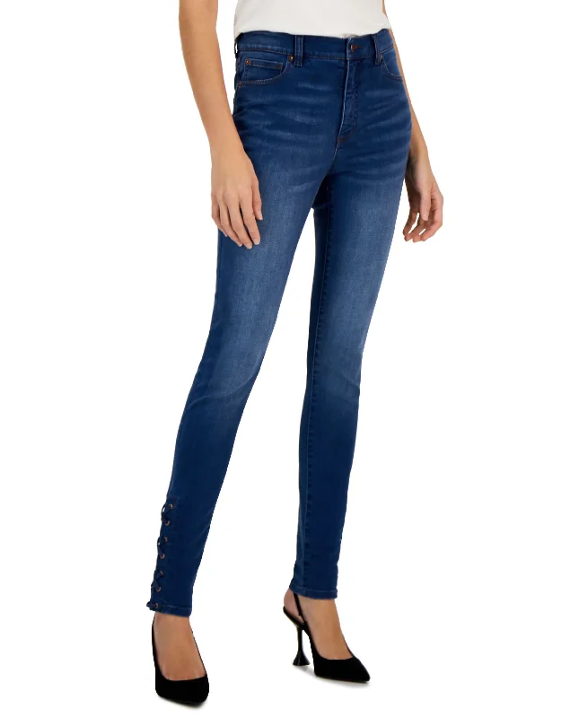 Women's High-Rise Lace-Up Hem Skinny Jeans Comfortable Straight-Legged Denim
