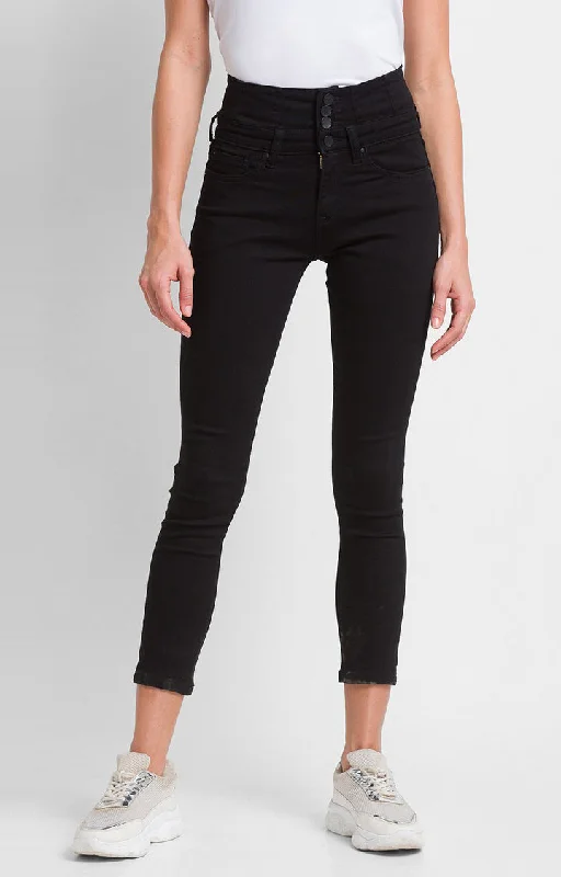 Spykar Black Cotton Super Skinny Regular Length Jeans For Women (Alicia) Chic Rip-Detail High-Waist Jeans Spykar Black Cotton Super Skinny Regular Length Jeans For Women (Alicia) Chic Rip-Detail High-Waist Jeans