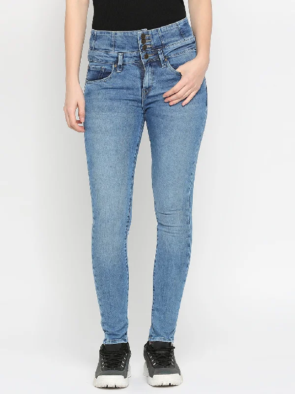 Spykar Mid Blue Cotton Super Skinny Regular Length Jeans For Women (Alicia) Comfortable Mid-Rise Jeans