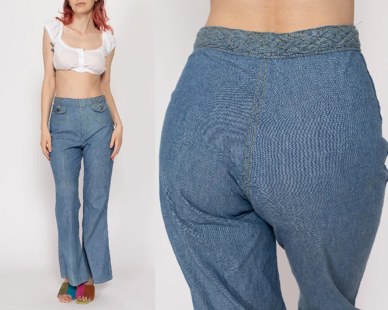 XS 70s Boho Woven Waist Flared Chambray Jeans Elegant Dark-Wash Bootcut Jeans